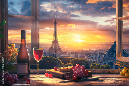 Welcome to France, Open window to Eiffel Tower and Paris landscape,