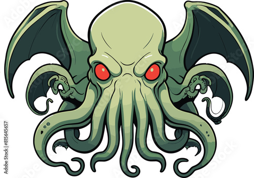Vector illustration of a mythical Cthulhu with red eyes against a white background