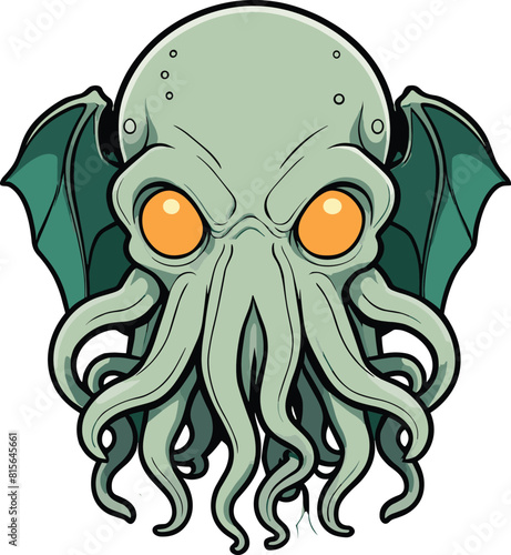 Vector illustration of a mythical Cthulhu with red eyes against a white background