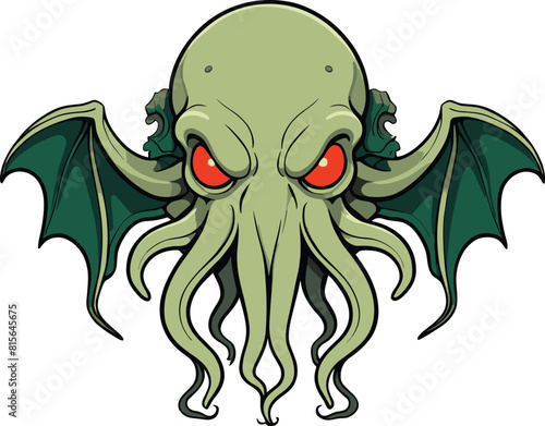 Vector illustration of a mythical Cthulhu with red eyes against a white background