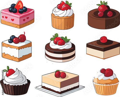 Vector of vibrant and mouth-watering cakes with fresh strawberries and melted chocolate