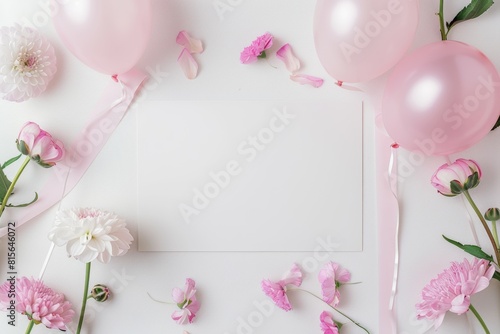 blank horizontal post card, pink flowers, balloons