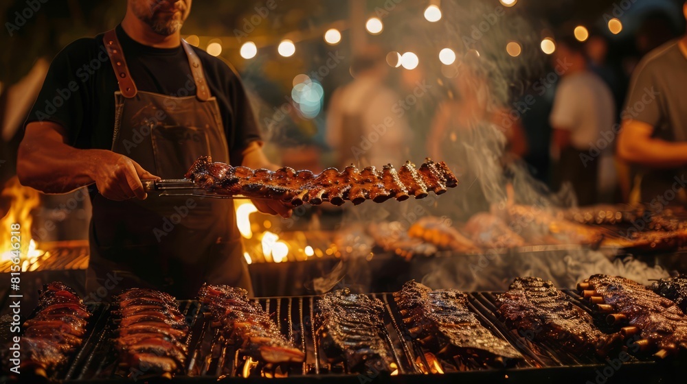A chef is grilling a rack of lamb over an open flame. A chef is grilling a rack of lamb over an open flame.