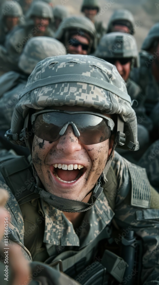 A happy soldier smiles broadly while in formation with fellow soldiers.