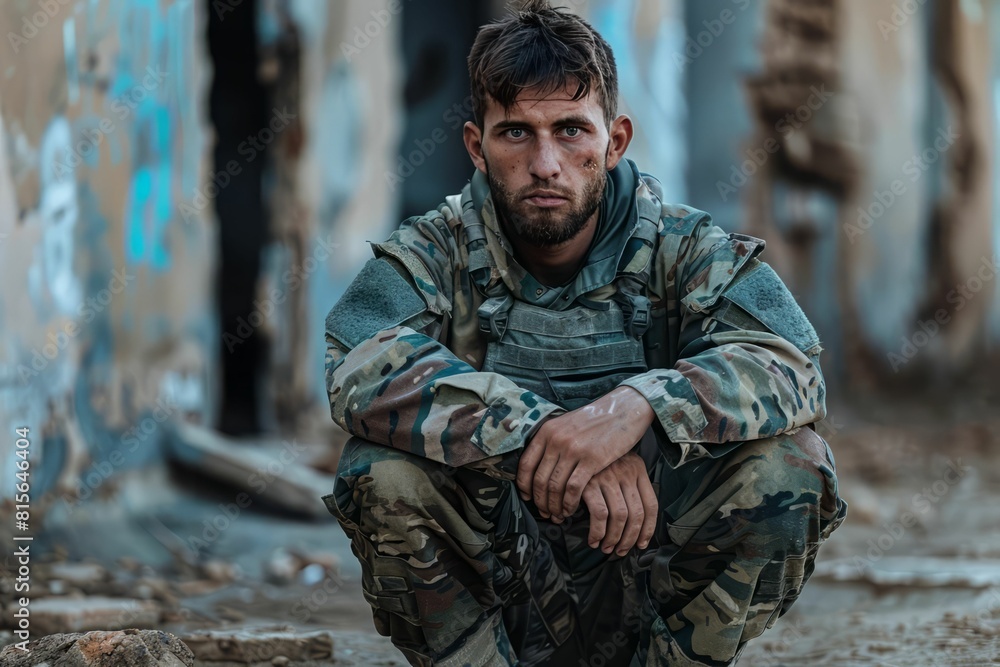 A soldier sits on the rubble of a destroyed building A soldier sits on the rubble of a destroyed building