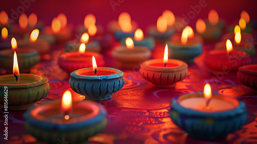 Clay Diya lamp lit red background Diwali Hindu festive background © Iqra Iltaf