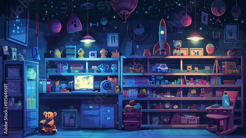 A cartoon toy shop at night with furniture and goods on shelves. Modern illustration showing backpacks, teddy bears, cars, rockets, books, houses, air balloons, computers and cash registers. photo