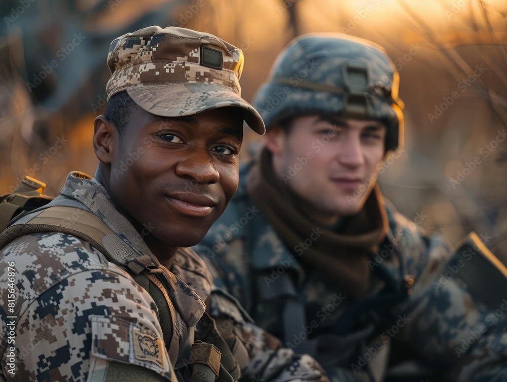 Fototapeta premium Two soldiers in uniform, one black and one white, are sitting side by side and smiling at the camera.