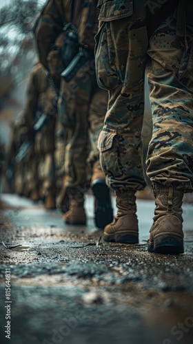 The photo shows the lower part of the bodies of several soldiers walking in formation. They are wearing combat boots and camouflage pants.