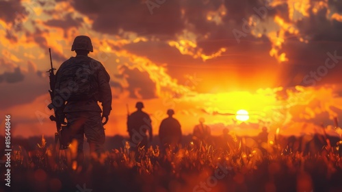 The silhouettes of three soldiers walking through a field of wheat at sunset.