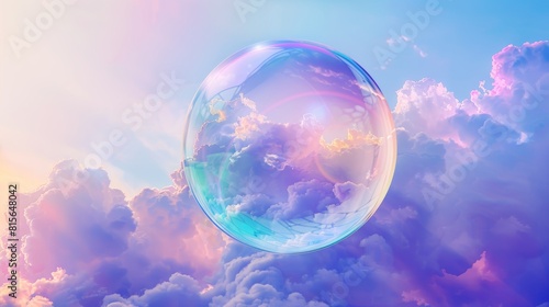This illustration depicts a realistic cloud background with iridescent glass foam. 3D dream spectrum soap bubble ball blowing in cloudy air with fluffy texture. Sunny blue sky with cumulus natural