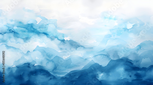 Realistic blue watercolor panoramic texture on white background, light blue soft colorful painting watercolor background banner art style texture, bright soft multi color, paint brush abstract 