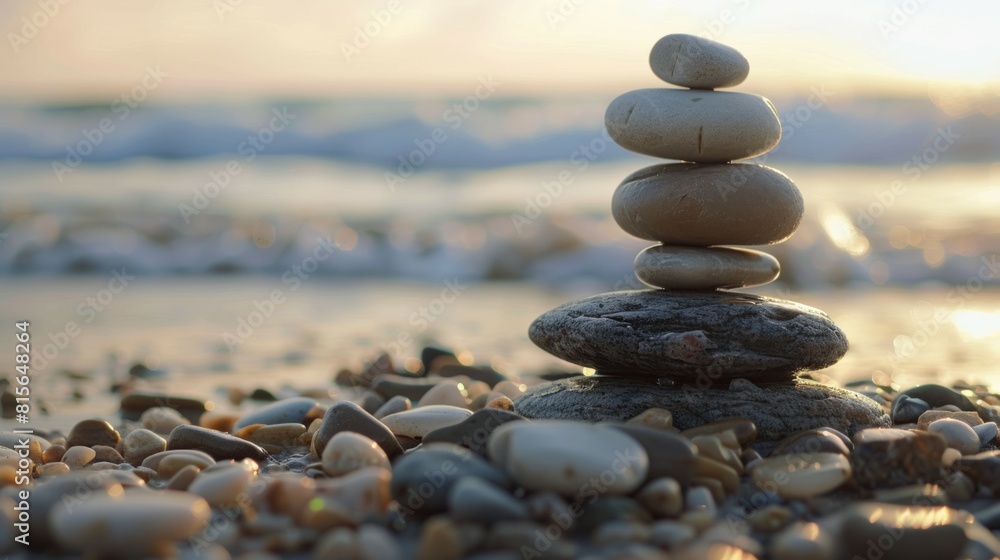 stones stacked on top of each other, beach in the background
