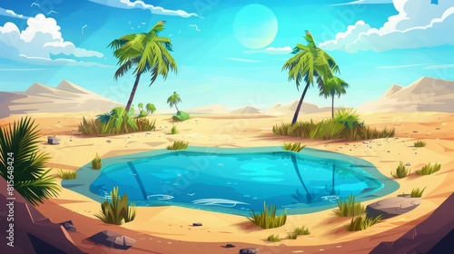 A small lake and palm trees in a sandy desert  surrounded by green grass on banks and dunes under blue skies and clouds. Modern cartoon illustration.