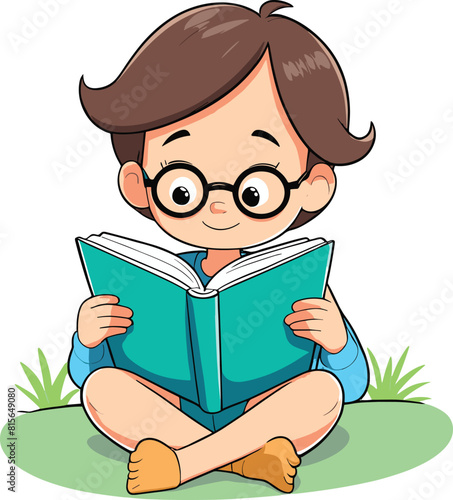 Vector illustration of a child reading a book.