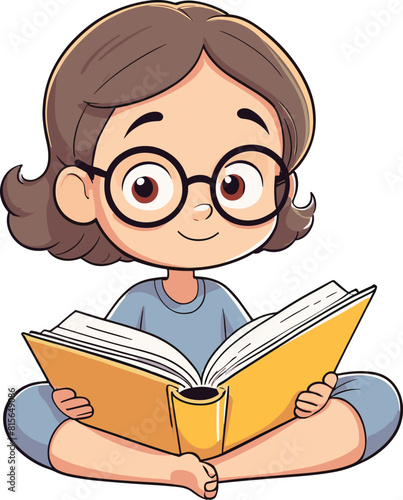 Vector illustration of a child reading a book.