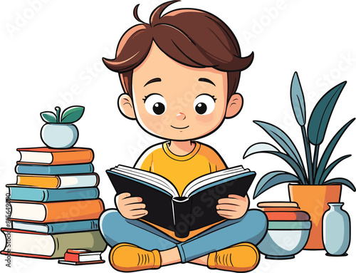 Vector illustration of a child reading a book.