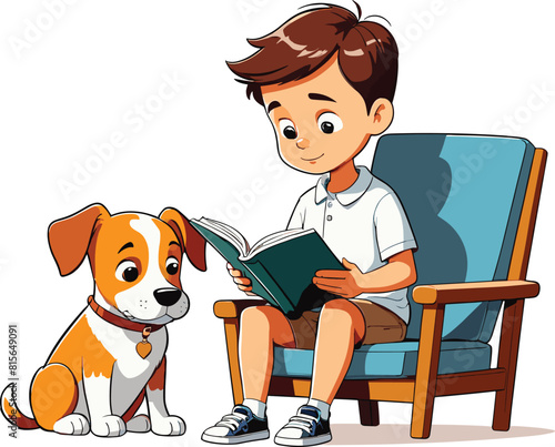 Vector illustration of a child reading a book next to a dog.