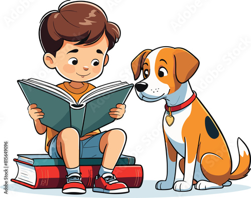 Vector illustration of a child reading a book next to a dog.
