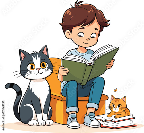 Vector illustration of a child reading a book next to cats.