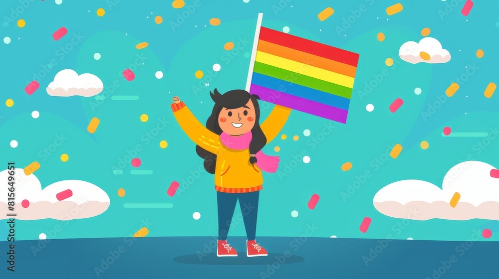 A cheerful character posing with a rainbow flag in a colorful flat design vector A cheerful character posing with a rainbow flag in a colorful flat design vector