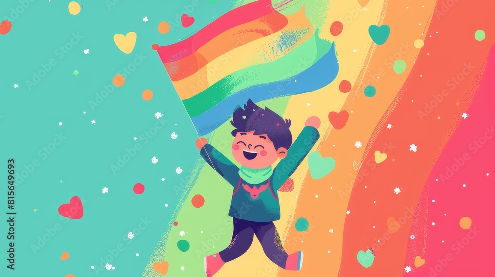 A cheerful character posing with a rainbow flag in a colorful flat design vector A cheerful character posing with a rainbow flag in a colorful flat design vector