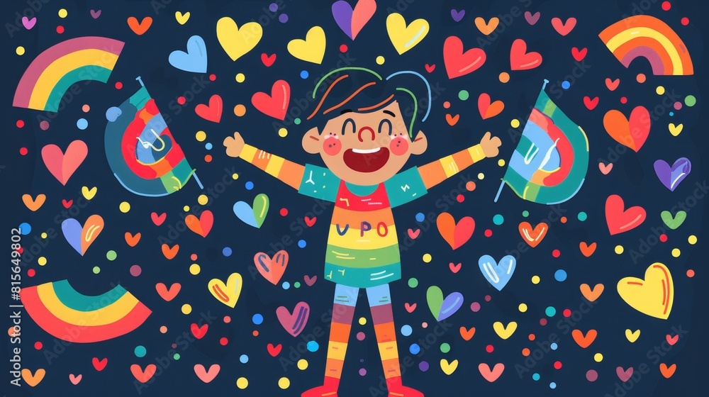 A flat design vector of a person holding a rainbow flag, surrounded by gender identity symbols and colors A flat design vector of a person holding a rainbow flag, surrounded by gender identity symbols and colors
