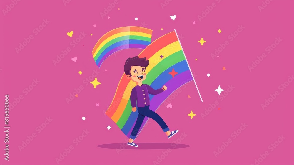 A joyful character surrounded by rainbow flags and balloons in a flat design vector illustration A joyful character surrounded by rainbow flags and balloons in a flat design vector illustration