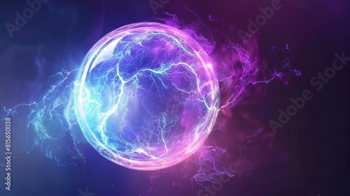 Sphere shield with 3d bubble barrier effect. Abstract energy circle with light and thunder. Cyber safety cover concept. AI defence glow thunderbolt round element.