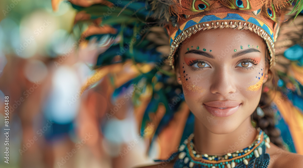 Close-up of a young woman in a feathered carnival costume, her gaze captivating and confident at the Notting Hill Carnival
