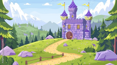 A fairytale castle set in a natural landscape. Modern illustration of stone walls, purple roof, windows and doors, a flag on the castle's cate and princess tower on a path from forest to royal fort.