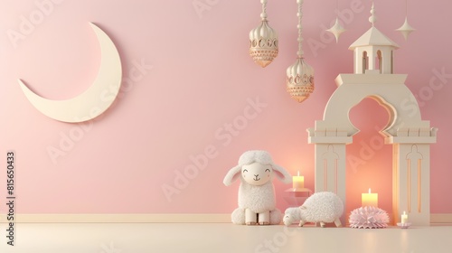 cute 3d sheep with crescent mosque, ramadan kareem and Eid al adha deocration accesorries on empty light color wall copy space background photo