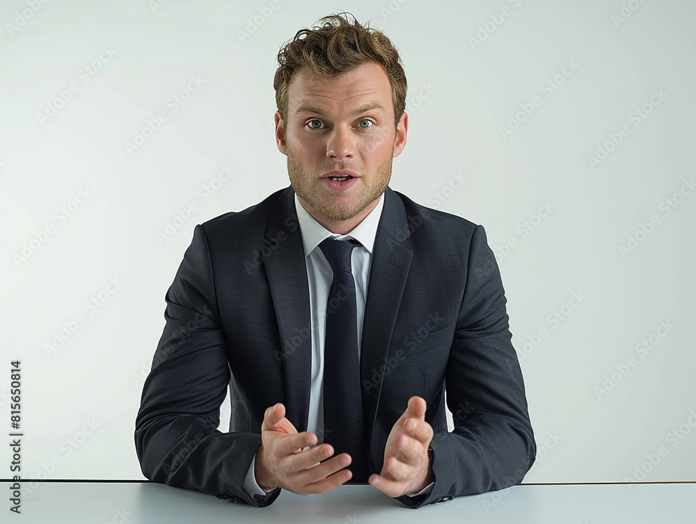 A dapper gentleman in formal attire, poised at a desk with hands resting on its surface. A dapper gentleman in formal attire, poised at a desk with hands resting on its surface.