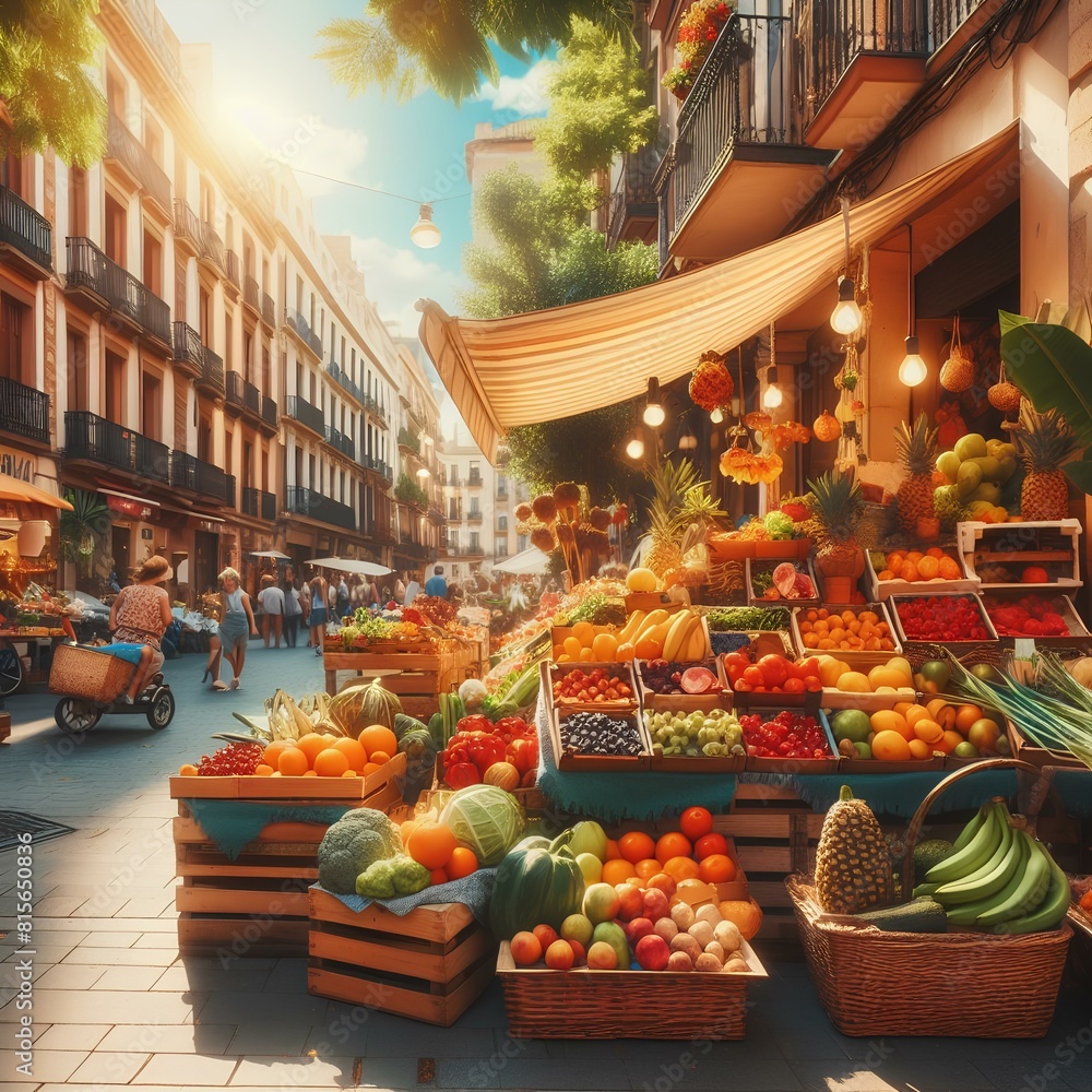 Obraz premium Street outdoors market of natural products. Small local farmer shop of fruits, vegetables in street of Spanish city in sunny day.