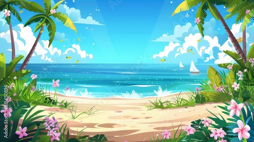 A tropical seaside coast with flowers and green grass. The Caribbean lagoon is a beautiful landscape scene with a landscape banner.
