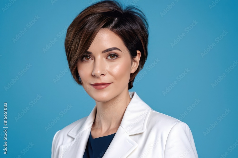 Portrait of a young woman doctor posing isolated over blue background. Concept of advertising healthcare, dentistry, beauty salons. Generative AI Portrait of a young woman doctor posing isolated over blue background. Concept of advertising healthcare, dentistry, beauty salons. Generative AI