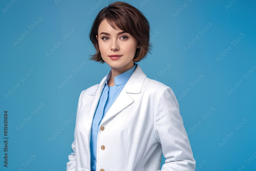 Portrait of a young woman doctor posing isolated over blue background. Concept of advertising healthcare, dentistry, beauty salons. Generative AI Portrait of a young woman doctor posing isolated over blue background. Concept of advertising healthcare, dentistry, beauty salons. Generative AI