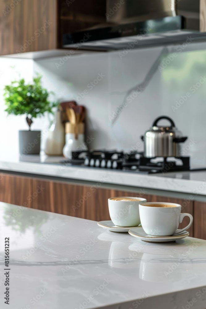 Kitchen island countertop with coffee set, modern kitchen background Kitchen island countertop with coffee set, modern kitchen background