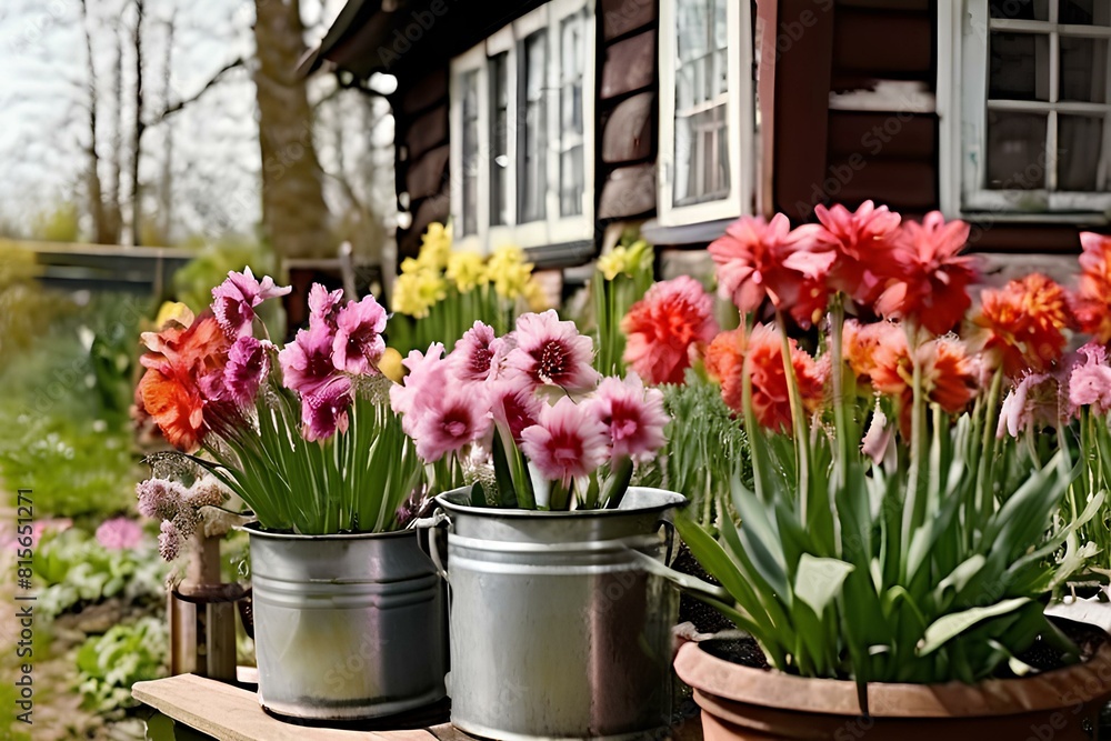 Many flowers in metal pots in flower gardening near country house. Early spring, landscape gardening.