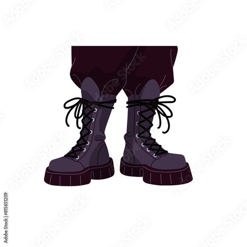 Trendy black army boots with black laces. Pair of leather combat shoes on legs. Feet in high footwear for hiking in punk style. Soldier footgear. Flat isolated vector illustration on white background