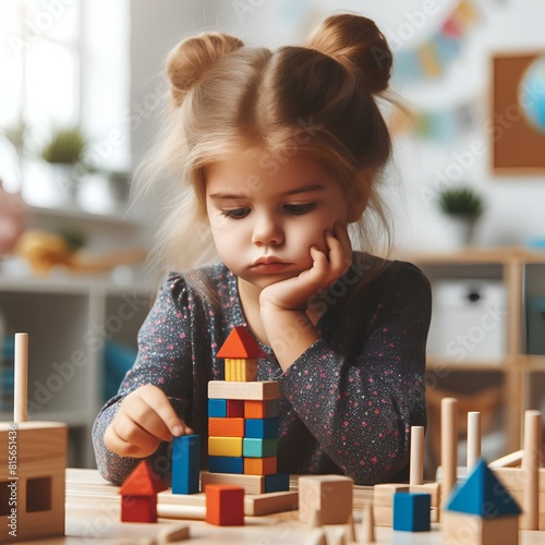 Little girl concentrates on playing with wooden blocks in kindergarten or Montessori early education school.  photo