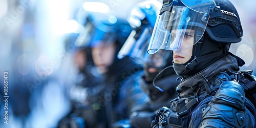 A team of police officers in full gear and bulletproof vests in the city. Concept Police Officers, Law Enforcement, Urban Settings, Protective Gear, City Patrol photo