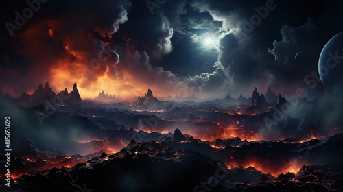 volcanic alien landscape with moons