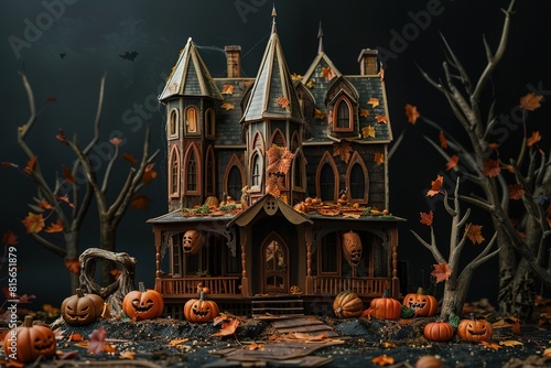 Black and orange house with Halloween theme, 3d illustration