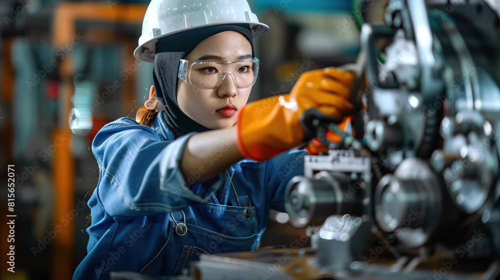 Asian woman technician in a factory is working on a metal drilling machine. Generative AI Asian woman technician in a factory is working on a metal drilling machine. Generative AI