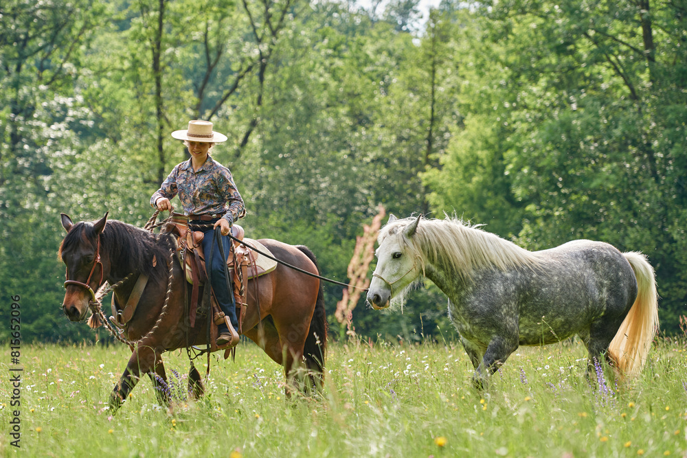 Cowgirl leading a horse in the woods and fields
