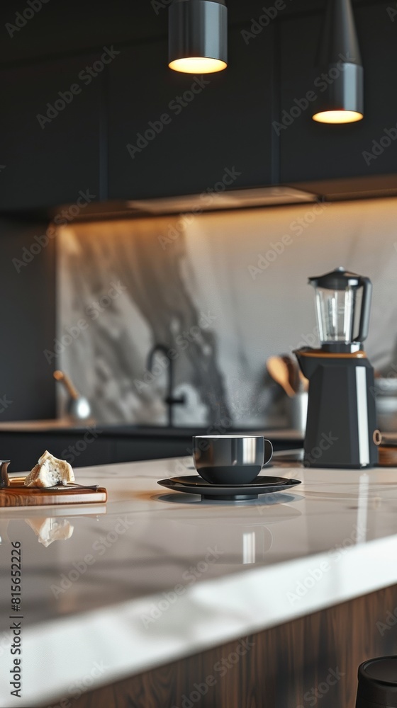 Kitchen island countertop with coffee set, modern kitchen background Kitchen island countertop with coffee set, modern kitchen background