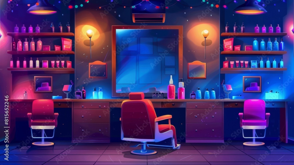 A dark barbershop room with mirrors on the wall, hair dye boxes on shelves, shampoo bottles, a neon lamp on the wall and a hairdresser's armchair.