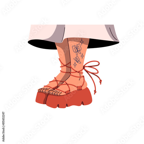 Woman feet in sandals with leather laces. Female legs with tattoo in stylish summer platform shoes. Fashion chunky sole boots, footwear pair. Flat isolated vector illustration on white background