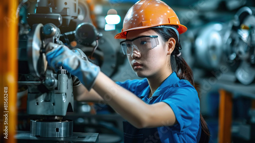 Asian woman technician in a factory is working on a metal drilling machine. Generative AI